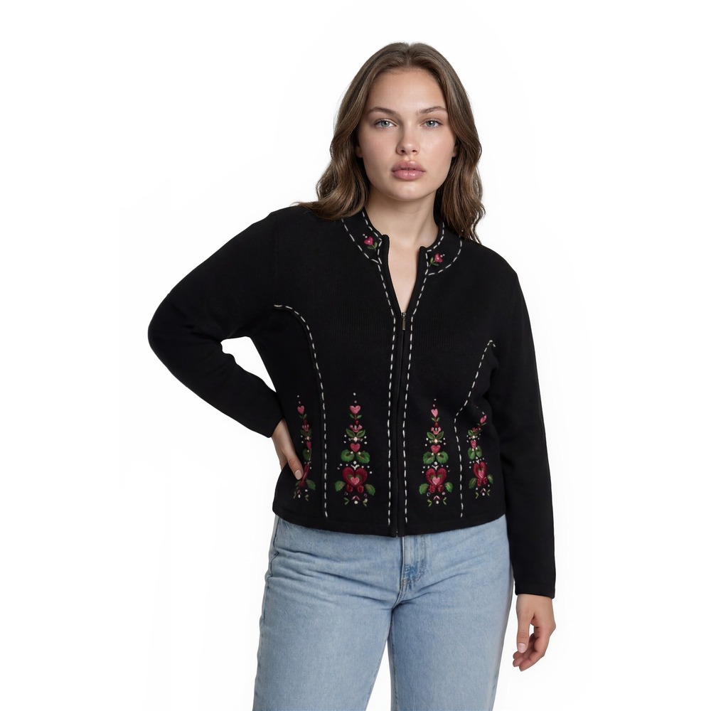 Orvis Cardigan Sweater Women's Size XL Black‎ Embroidered Floral Knit Vintage